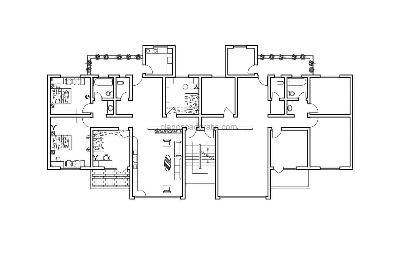 Plano de apartamento residencial dibujado en formato DWG de AutoCAD para descarga gratis, conjunto residencial de apartamento con tres habitaciones y cuatro niveles.