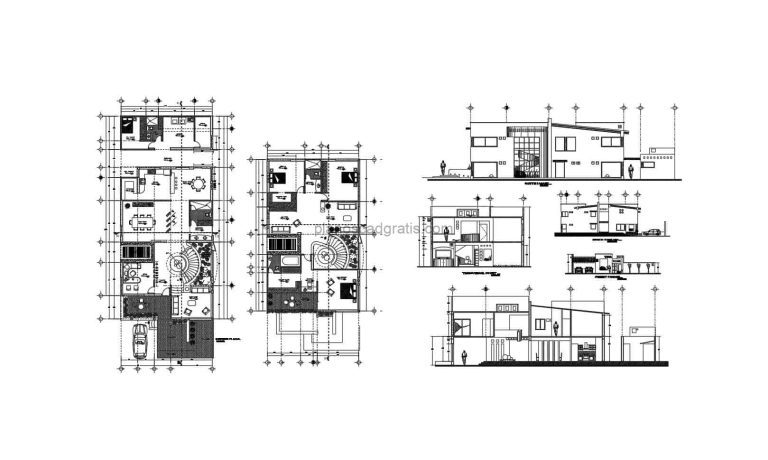 Plano DWG de AutoCAD de residenciia de dos niveles con cuatro habitaciones en total, el proyecto completo contiene plantas dimensionadas, arquitectonicas, fachadas, cortes y ciminentos detallados, plano para descarga gratis en formato 2D DWG