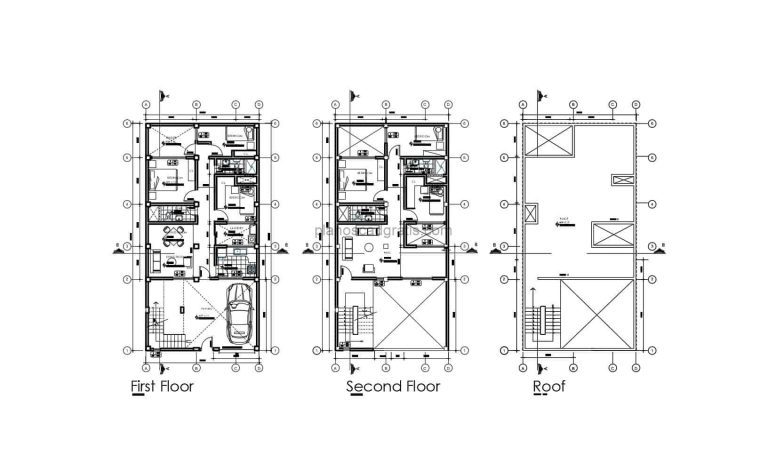 Planos CAD DWG de casa de dos niveles con seis habitaciones en total, cuatro baños en total, dos por cada nivel, planos para descargar gratis en formato DWG de AutoCAD con bloques de interior, planta arquitectonica y dimensionada, detalles, planos sanitarios, electricos, cimientos.