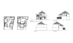 Casa moderna de dos niveles con techos inclinados planos en formato DWG de AutoCAD para descarga gratis, vivienda con tres habitaciones
