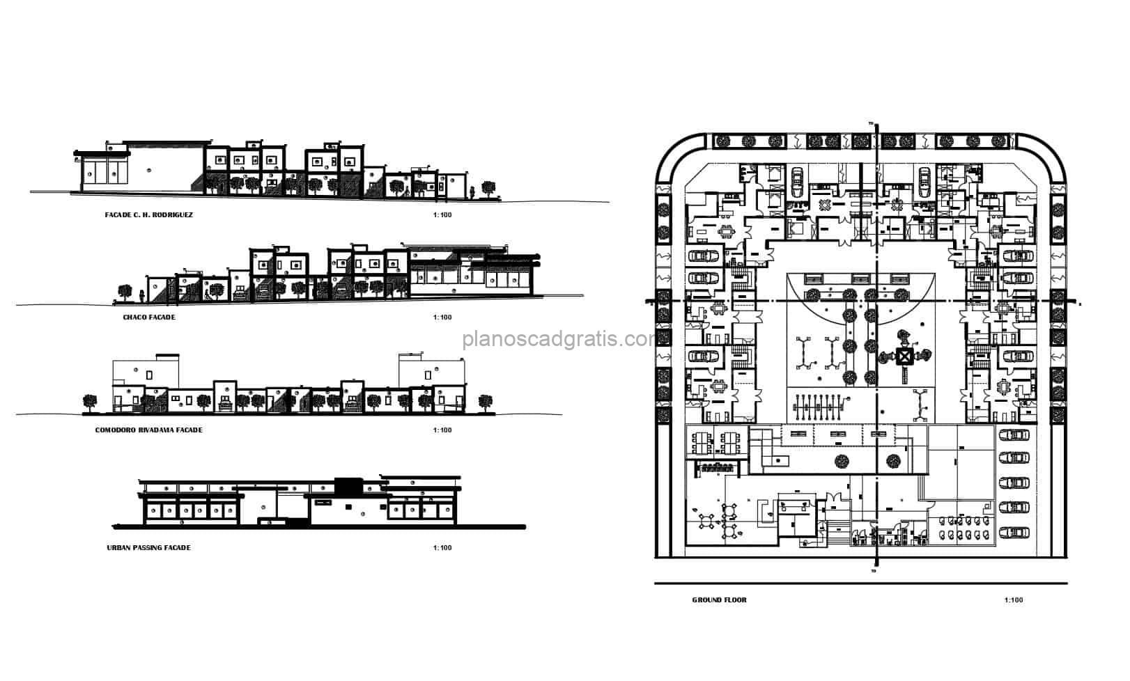 Planos de distribución arquitectónica DWG de proyecto habitacional de bajo costo, consiste en un proyecto de casas alrededor de un area verde diseñado y dibujado en AutoCAD, planos con bloques de AutoCAD para descarga gratis en formato DWG
