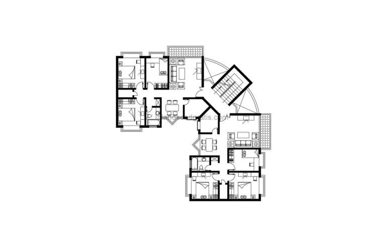 Plano DWG de AutoCAD de apartamento residencial pequeño con 3 habitaciones, plano para descargar gratis con bloques de Autocad y planta dimensionada