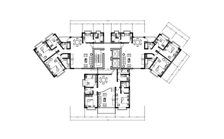 planos de edificio de apartamento de cuatro niveles dibujados en formato DWG de AutoCAD para descarga gratis