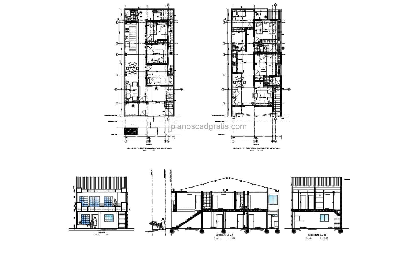 Planos DWG de AutoCAD de casa de dos niveles en niveles individuales con dimensiones y bloques de DWG para descarga gratis, detalles CAD, bloques interiores, planta dimensionada y arquitectónica