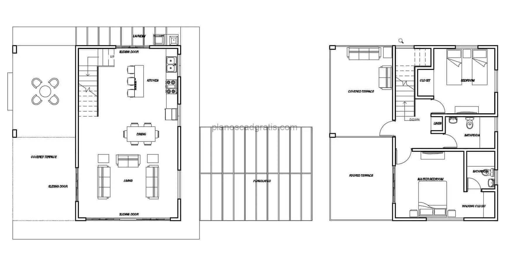 Plano arquitectonico en formato DWG de residencia de dos niveles con dos habitaciones en segundo nivel, terraza lateral y planta dimensionada, planos para descarga gratis en formato DWG de Autocad