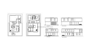 Plano DWG de Autocad dibujo 2D de residencia moderna de 3 habitaciones con terraza, planta arqutiectonica y dimensionada para descarga gartis en formato DWG