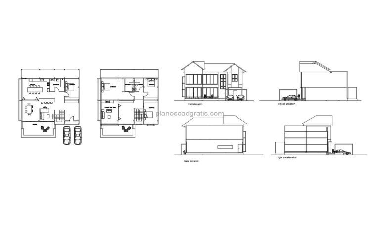 Plantas arquitectonicas y dimensionada con fachadas y secciones de residencia moderna de dos niveles con cuatro habitaciones para descarga gratis en formato DWG de AutoCAD
