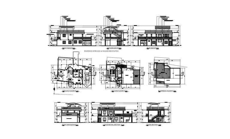 Casa de dos niveles con techos inclinados y estilo de fachada clásico en formato DWG de AutoCAD para descarga gratis.