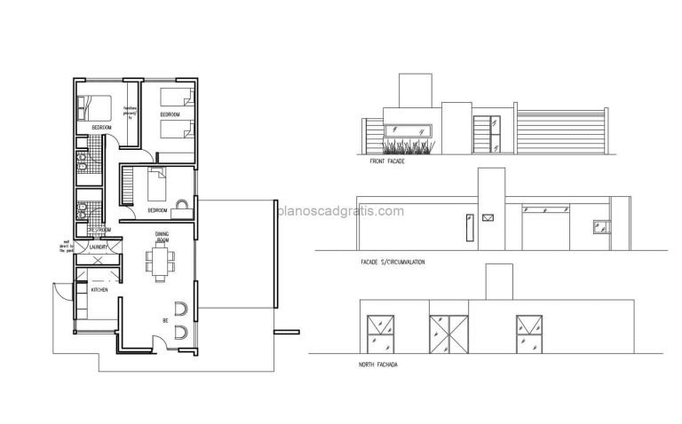 Plano arquitectonico de casa moderna de un nivel con tres habitaciones, dibujo 2D dwg de autocad para descarga gratis, plano con fachadas y cortes y detalles de construccion de la residencia