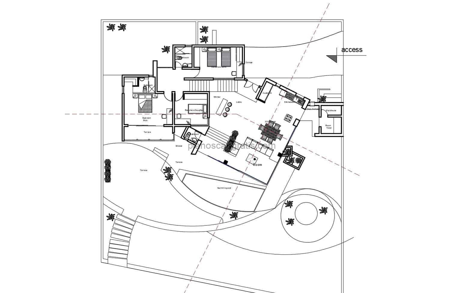 Diseño de casa moderna con dos habitaciones en colina de terreno inclinado, espacios definidos con dos habitaciones, sala estar, cocina, comedor, area exterior, planos para descarga gratis en formato DWG de AutoCAD, planos con dimensiones y dibujo 2D de casa moderna