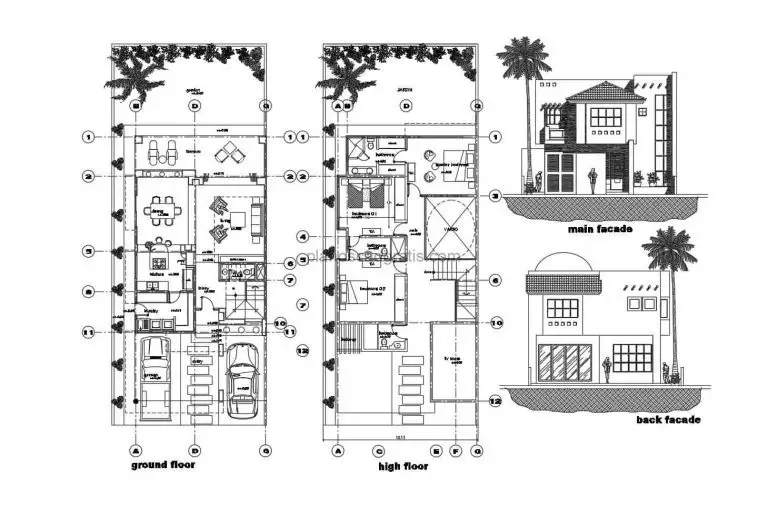 plano completo en formato dwg de autocad de residencia de dos niveles con tres habitaciones, planos para descarga gratis, planos con cimentacion, fachadas ,secciones, casa con patio rectangular