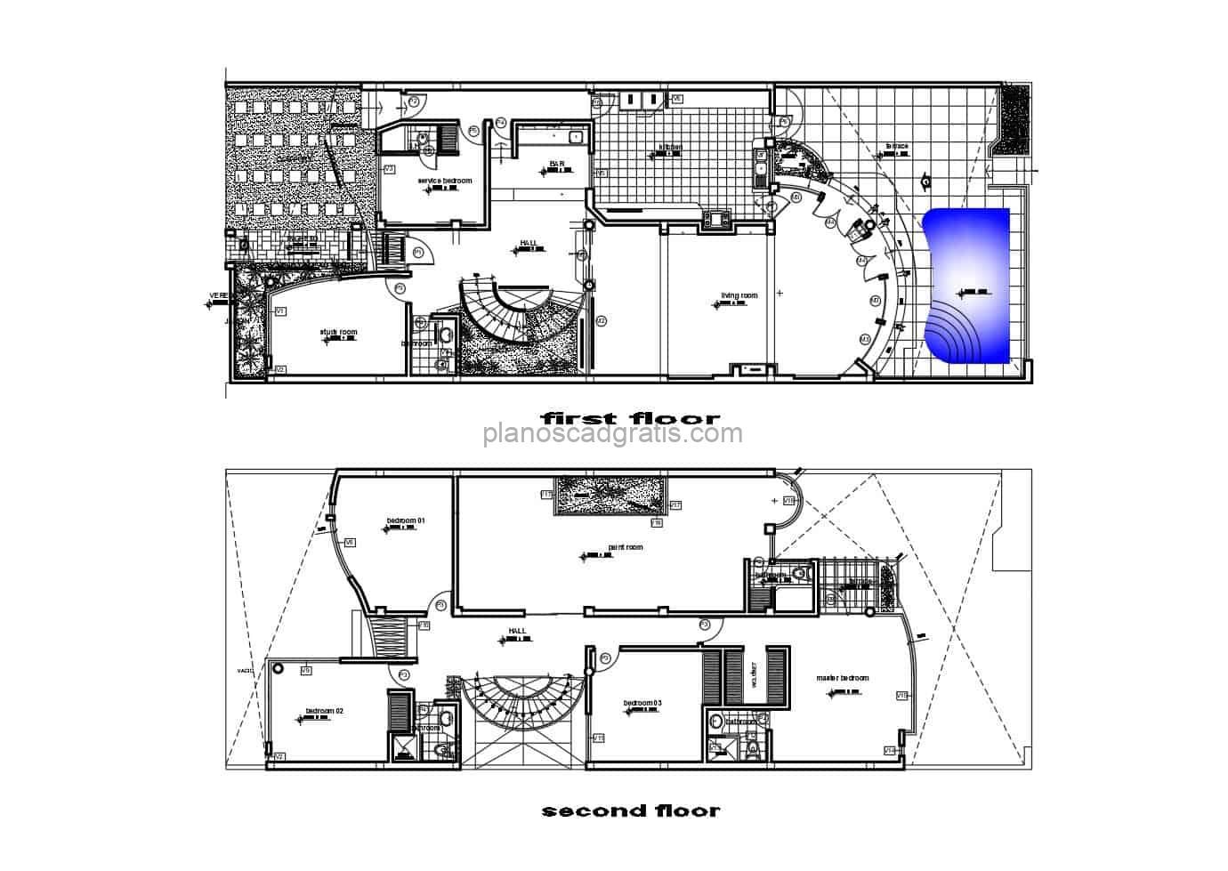 diseño arquitectonico de casa de dos niveles con piscina, planos autocad en formato dwg para descarga gratis, casa rectangular con cuatro habitaciones