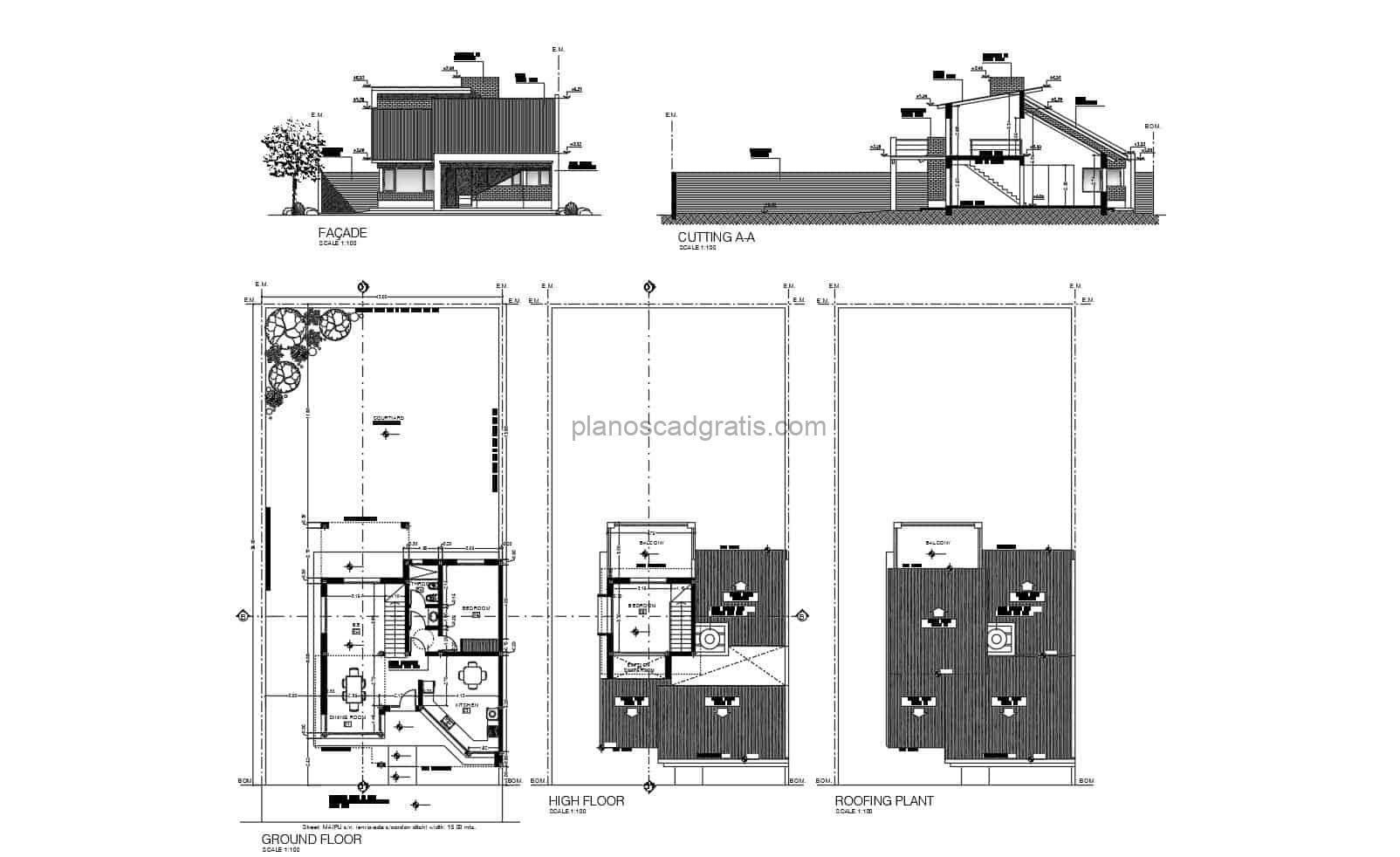 plano arquitectonico de residencia de dos niveles con dos habitaciones dibujo en formato DWG de autocad para descarga gratis, plano con dimensiones y bloques de interior de autocad, dibujo 2d de casa simple de hormigon