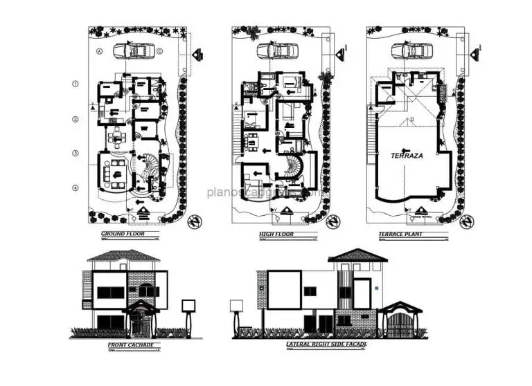 planos arquitectonicos y dimensionados 2d en formato dwg de autocad de residencia de dos niveles con cuatro habitaciones y terraza en el techo, escalera circular y areas verdes en perimetro, plano para descarga gratis en formato dwg