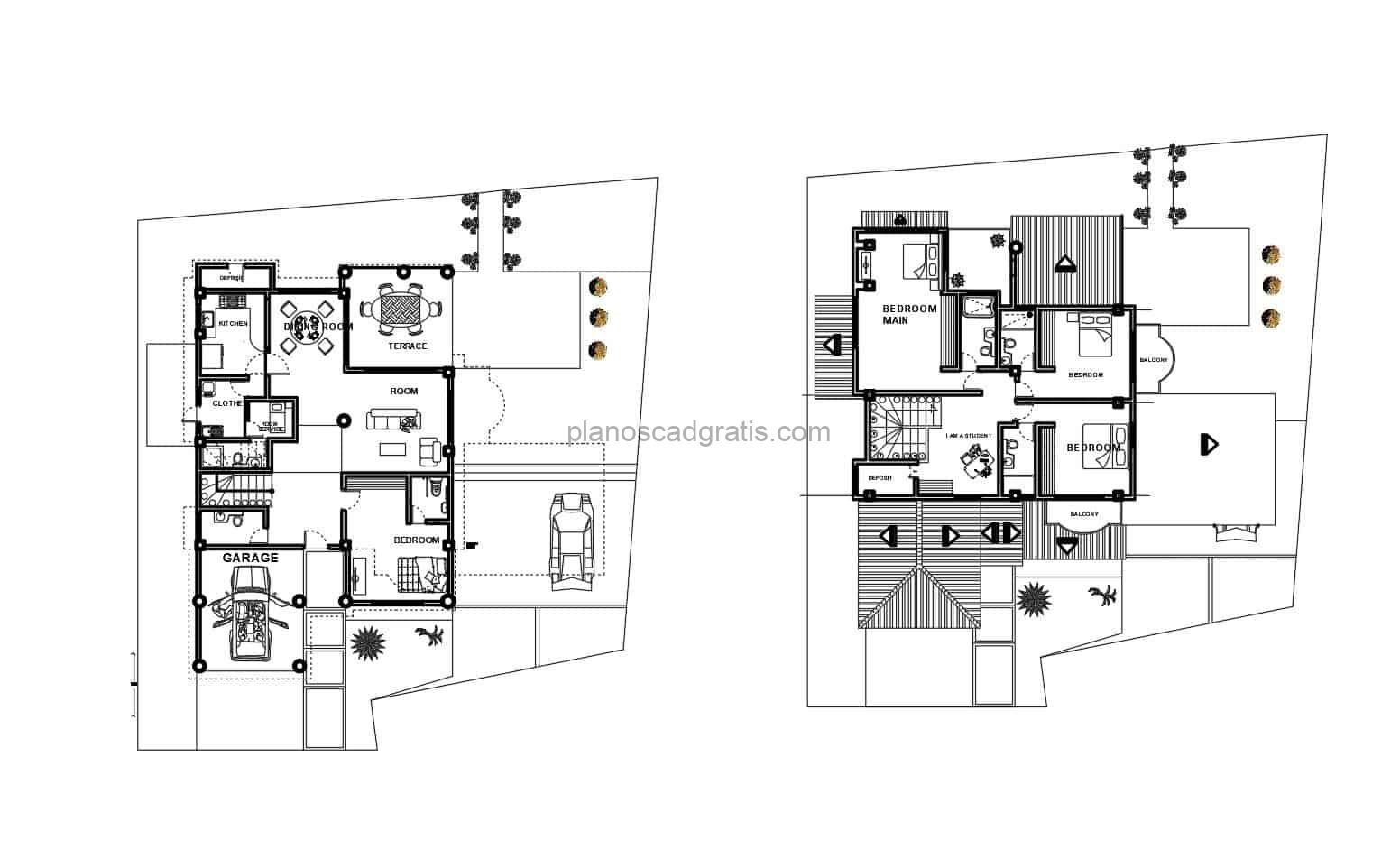 plano arquitectonico de residencia moderna de dos niveles dibujo 2d en formato dwg de autocad, planta con dimensiones, fachada, secciones, detalles electrictos, sanitarios y cimentación