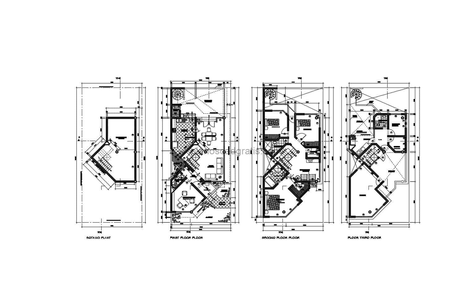 plano DWG de AutoCAD de residencia de tres niveles con estilo moderno y sótano, planta arquitectónica y dimensionada, planos para descarga gratis en formato DWG