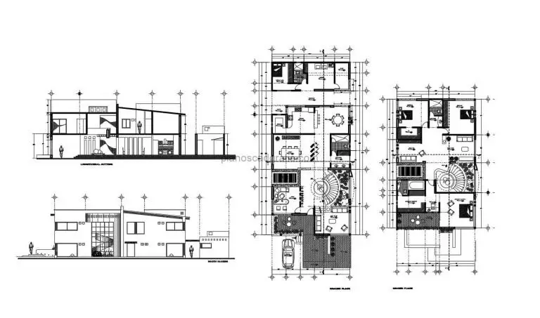 Casa De 2 Niveles Escalera Curva en Interior Planos de AutoCAD 1203212