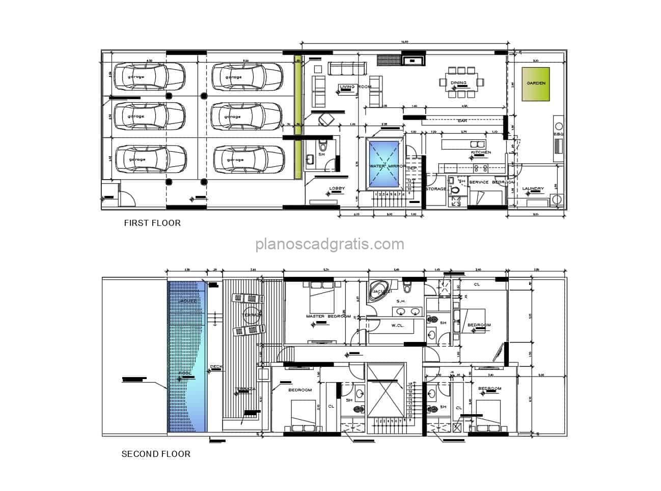 Casa de dos niveles planos en formato dwg de autocad para descargar gratis casa con dimensiones y planta arquitectonica, secciones ,fachadadas, cochera para seis vehiculos en diseño