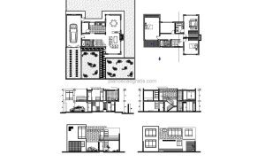 Plano 2D DWG para descarga gratis de residencia con estilo moderno de dos niveles, tres habitaciones y bloques de AutoCAD, plano para descarga gratis en formato DWG