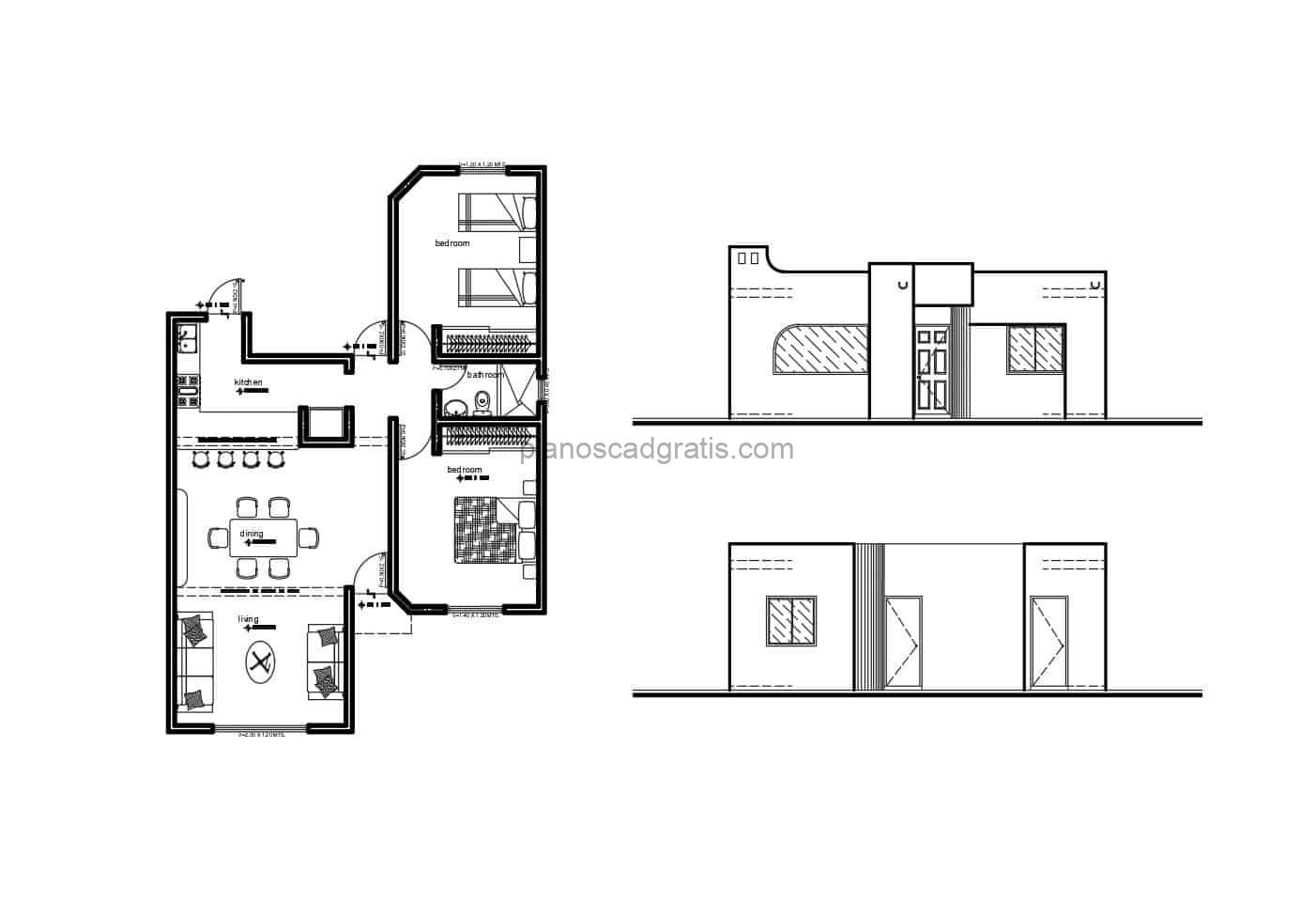 planos arquitectonicos y dimensionados de residencia sencilla de hormigon en un solo nivel con dos habitaciones, planos con dimensiones y detalles de cimentacion para descargar gratis en formato dwg de autocad