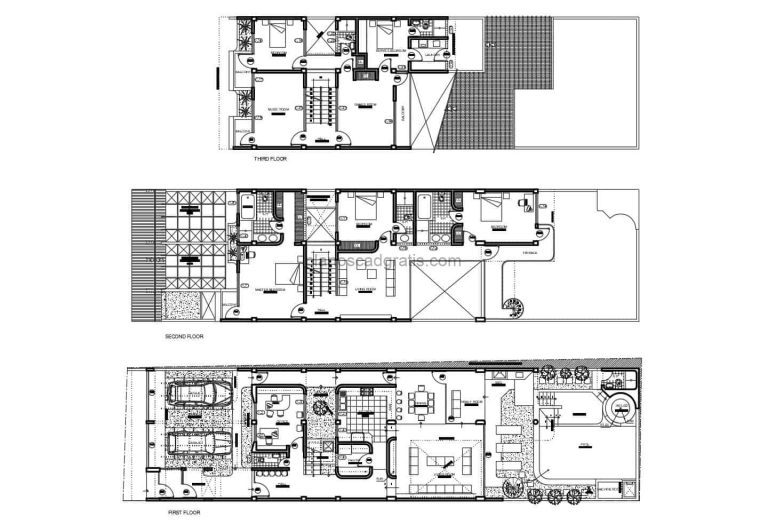 Casa De 3 Niveles y 4 Habitaciones Planos de AutoCAD 1603211