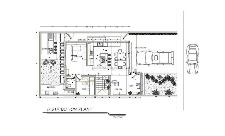 Dibujo de planos DWG para descarga gratis de residencia simple de dos niveles con tres habitaciones y area de bbq en el patio, distribución con planta dimensionada y arquitectónica con bloques de AutoCAD, plano eleavaciones y secciones