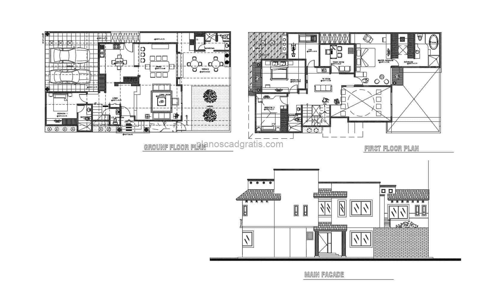 plano de autocad dwg de residencia de dos niveles con cuatro habitaciones y area de juegos en el segundo nivel, distribución basica con dimensiones y bloques de autocad en interior, plano para descarga gratis en formato dwg