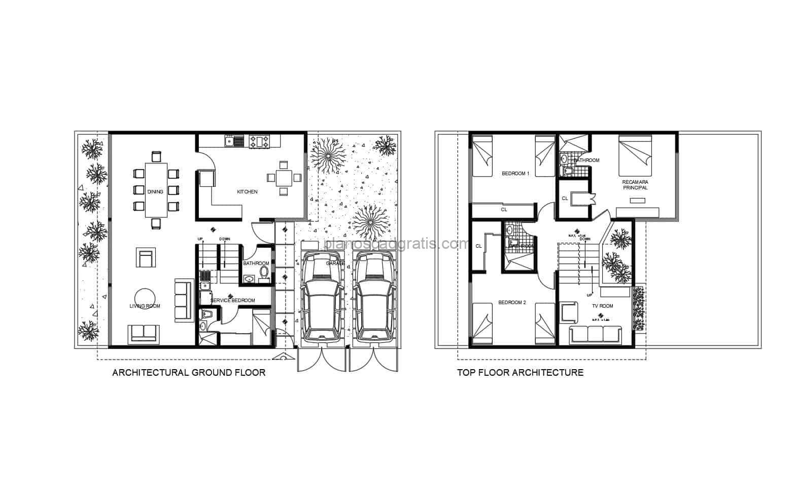 Planos con dimensiones y bloques de autocad de residencia de dos niveles con tres habitaciones en el segundo nivel, y habitacion de servicio en primer nivel, planos para descarga gratis en formato dwg de autocad
