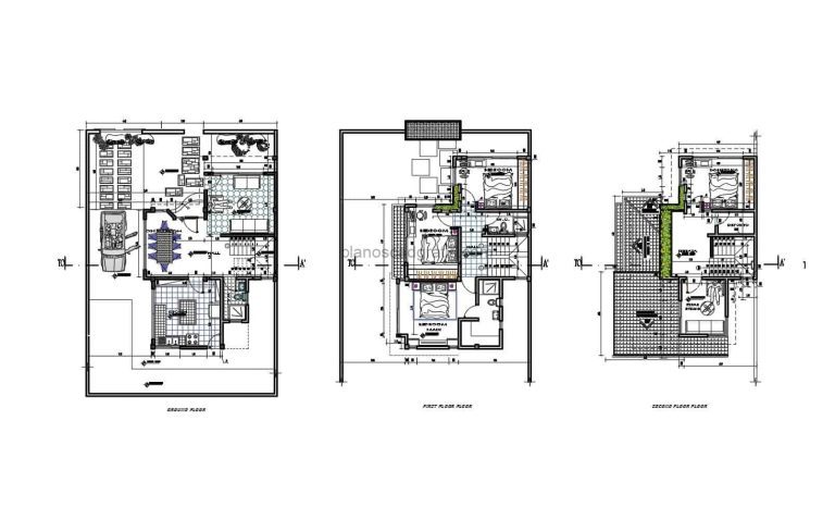 Casa de tres niveles con cuatro habitaciones dibujadas en planos dwg de Autocad con bloques de Autocad y planta dimensionada, con elevaciones y secciones, planos para descarga gratis en formato DWG de autocad