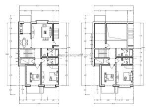 planos de dwg de autocad de apartamento residencial de varios niveles y dos habitaciones para descarga gratis, con dimensiones.