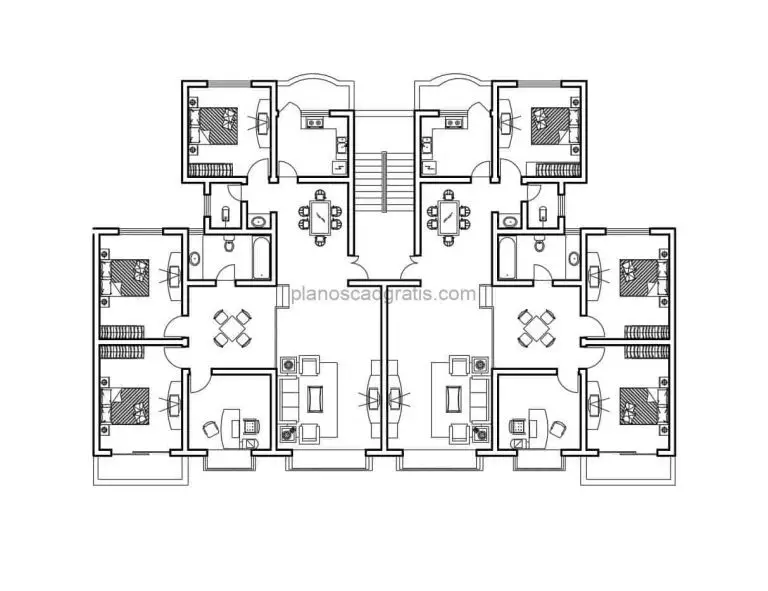 plano arquitectonico con dimensiones de apartamento residencial con tres habitaciones y habitacion de servicio con terraza, plano para descarga gratis en formato dwg de autocad