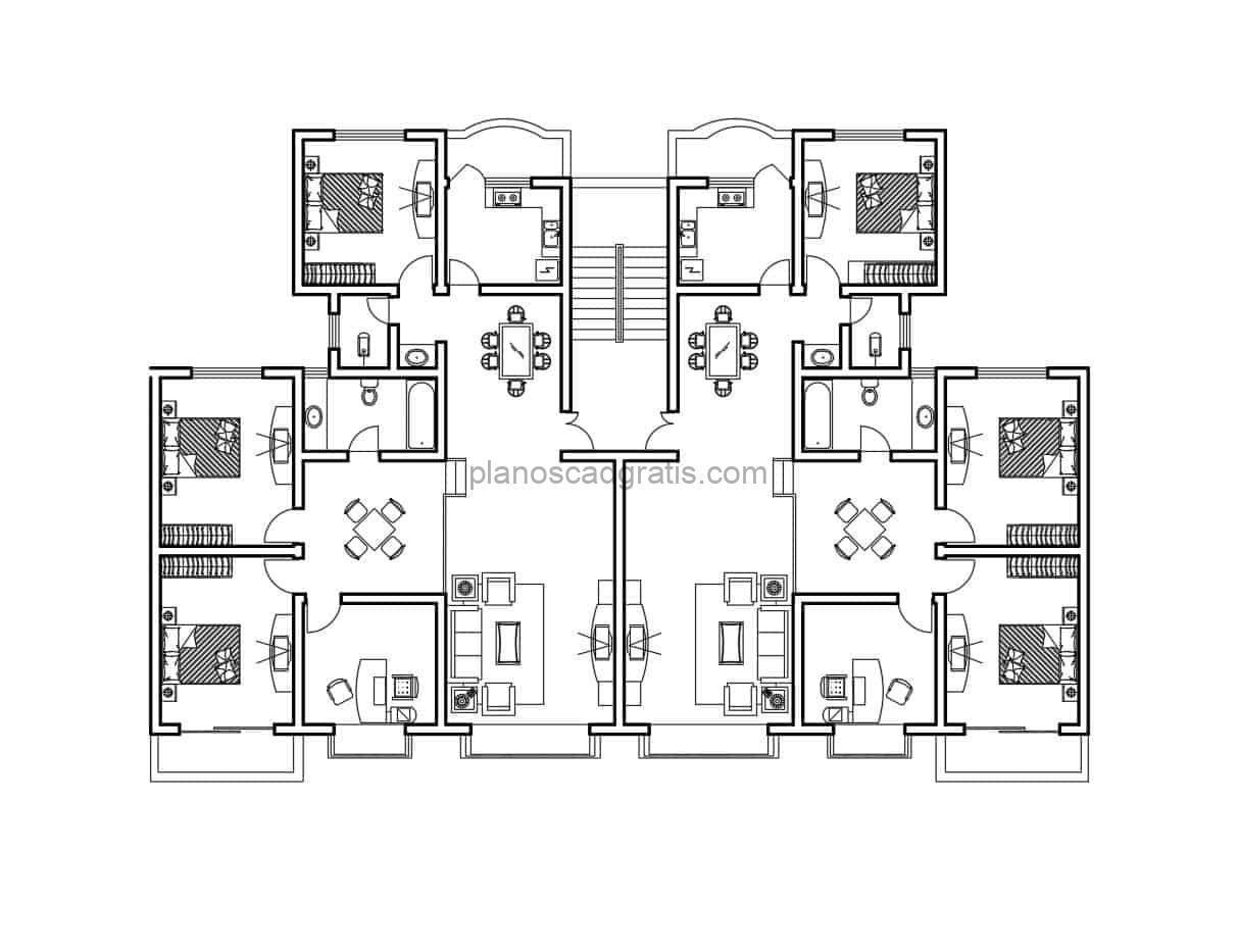 plano arquitectonico con dimensiones de apartamento residencial con tres habitaciones y habitacion de servicio con terraza, plano para descarga gratis en formato dwg de autocad