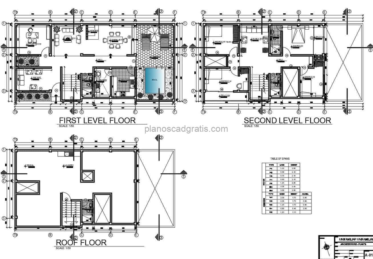 planos arquitectonicos de residencia de dos niveles y cuatro habitaciones con piscina en el primer nivel, plano con fachada, dimensiones y detalles constructivos para descarga gratis en formato dwg de Autocad