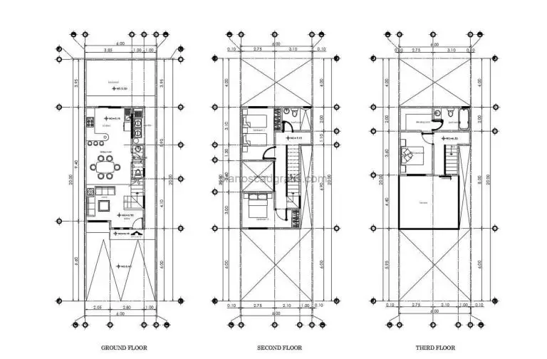 plano arquitectonico con bloques de autocad en formato 2d dwg de casa estrecha con tres niveles y tres habitaciones, plantas dimensionadas y detalles para descarga gratis