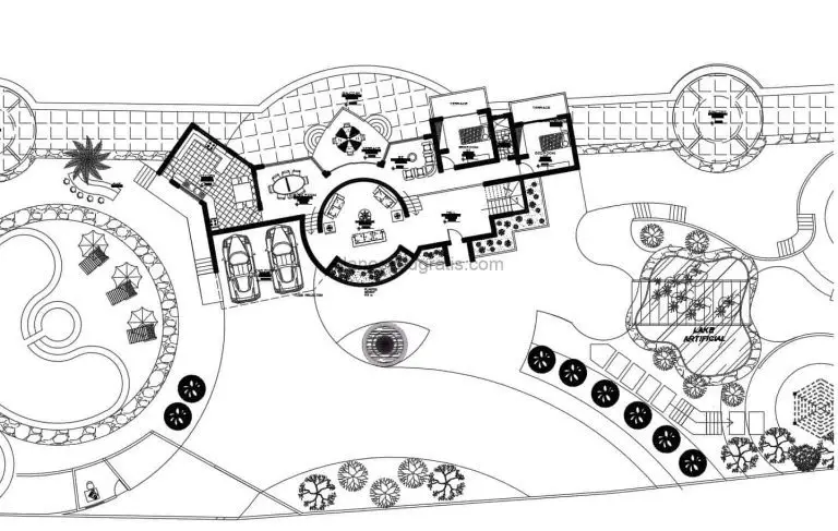 planos arquitectonicos de casa moderna de dos niveles con cuatro habitaciones y area de piscina en patio, planos en formato dwg de autocad para descarga gratis, planta dimensionada y detalles constructivos