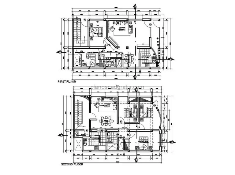 planos cad dwg con dimensiones y detalles de casa duplex en dos niveles individuales con tres habitaciones, planos para descarga gratis en formato dwg de autocad