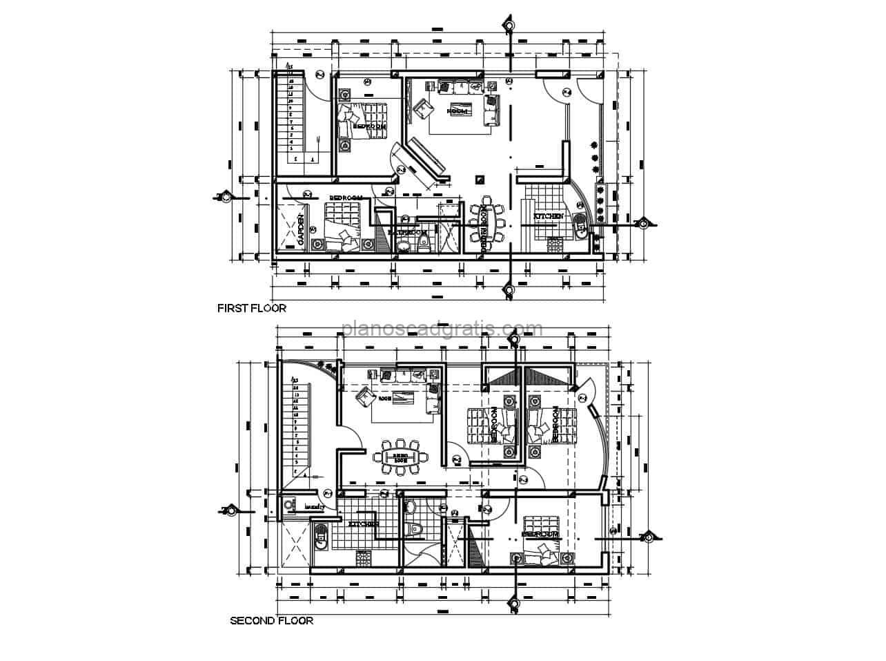planos cad dwg con dimensiones y detalles de casa duplex en dos niveles individuales con tres habitaciones, planos para descarga gratis en formato dwg de autocad