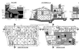 plano arquitectonico con dimensiones de local comercial mixto con residencia de dos niveles, plano con fachadas, plantas dimensionadas, elevaciones y detalles constructivos, formato dwg para descarga gratis