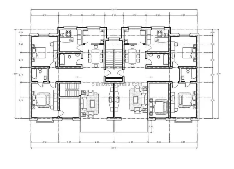 planos de dwg de autocad de apartamento residencial de varios niveles y dos habitaciones para descarga gratis, con dimensiones.