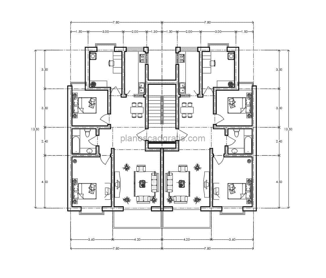 planos de apartamento residencial de dos habitaciones laterales en formato DWG de autocad para descarga gratis, planos con dimensiones y amueablado con bloques de autocad