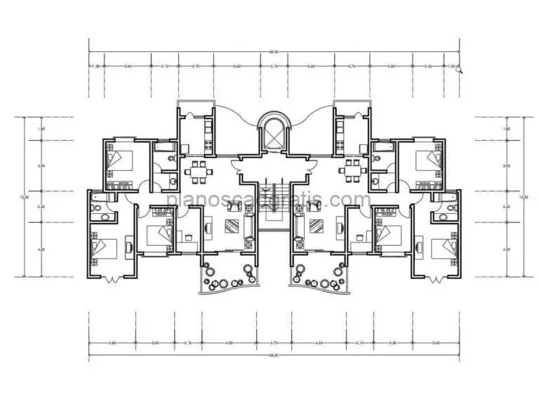 planos de apartamento residencial de tres habitaciones laterales en formato DWG de autocad para descarga gratis, planos con dimensiones y amueablado con bloques de autocad