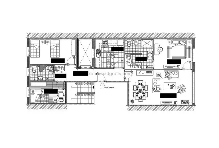 planos dwg arquitectonico de apartamento residencial de tres habitaciones con multiples niveles, un solo apartamento por nivel con planta dimensionada y bloques de autocad, plano para descarga gratis en formato dwg de autocad