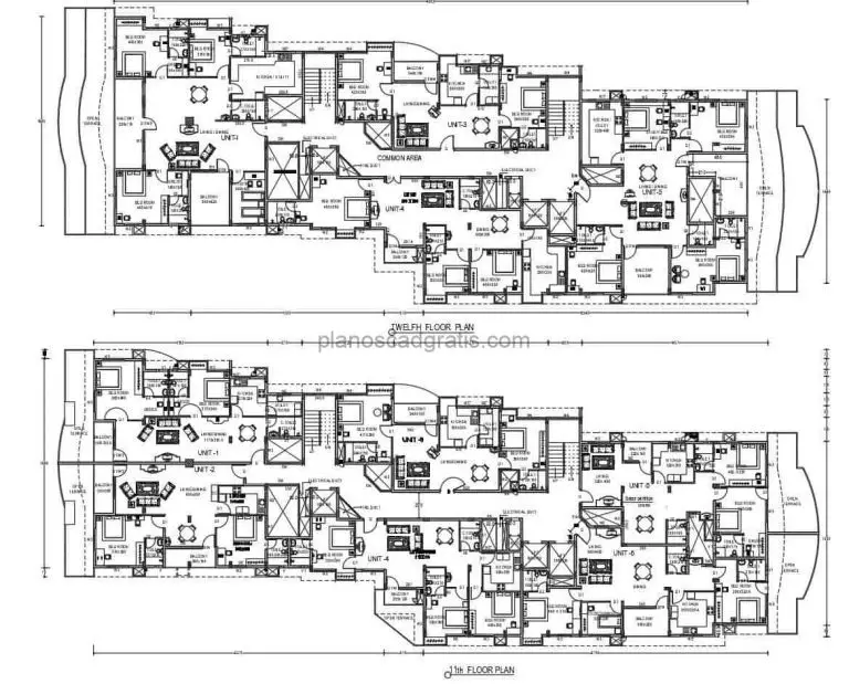 planos de bloque de edificio residencial en formato 2d de Autocad con detalles de materiales, fachadas, plantas con mobiliaio en bloques DWG para descarga gratis