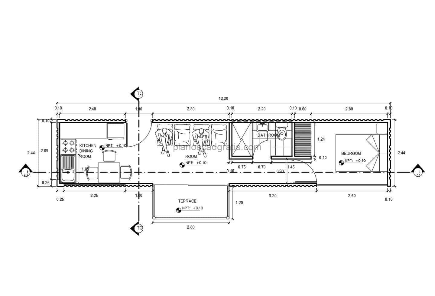 planos dwg de autocad de casa pequeña en contenedor para descarga gratis, planta con dimensiones y bloques de mobiliario cad 2d