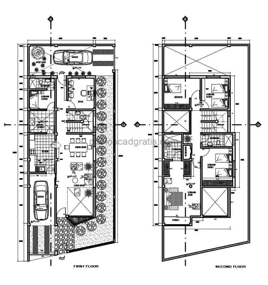 planos de casa de dos niveles con cuatro habitaciones en el segundo nivel, formato de planos dwg de autocad para descarga gratis, planos con dimensiones, fachadas, secciones, detalles constructivos