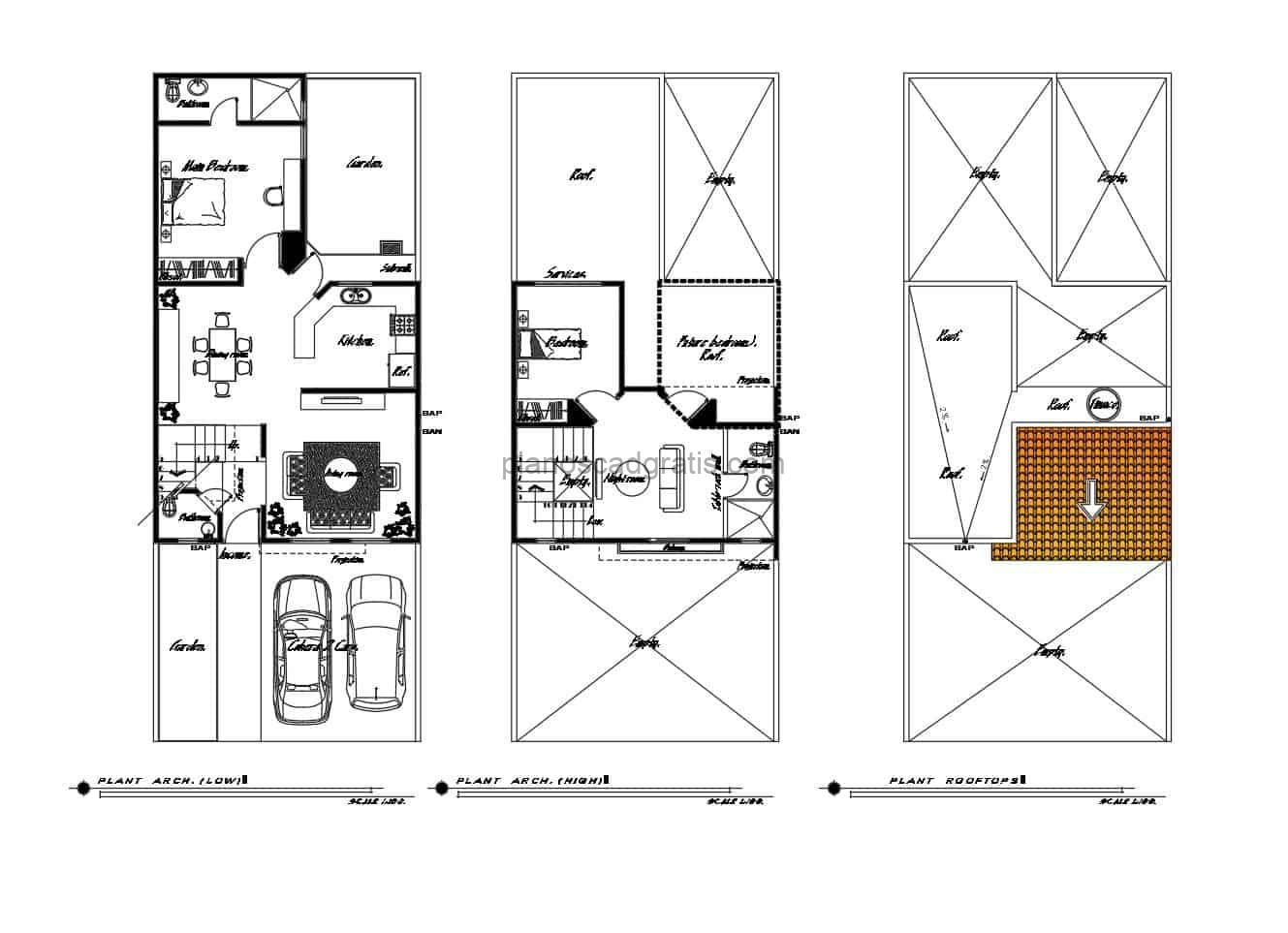 planos de autocad dwg de residencia de dos niveles con dos habitaciones y planos dimensionados, fachadas, secciones y detalles constructivos, planos para descarga gratis formato dwg de autocad