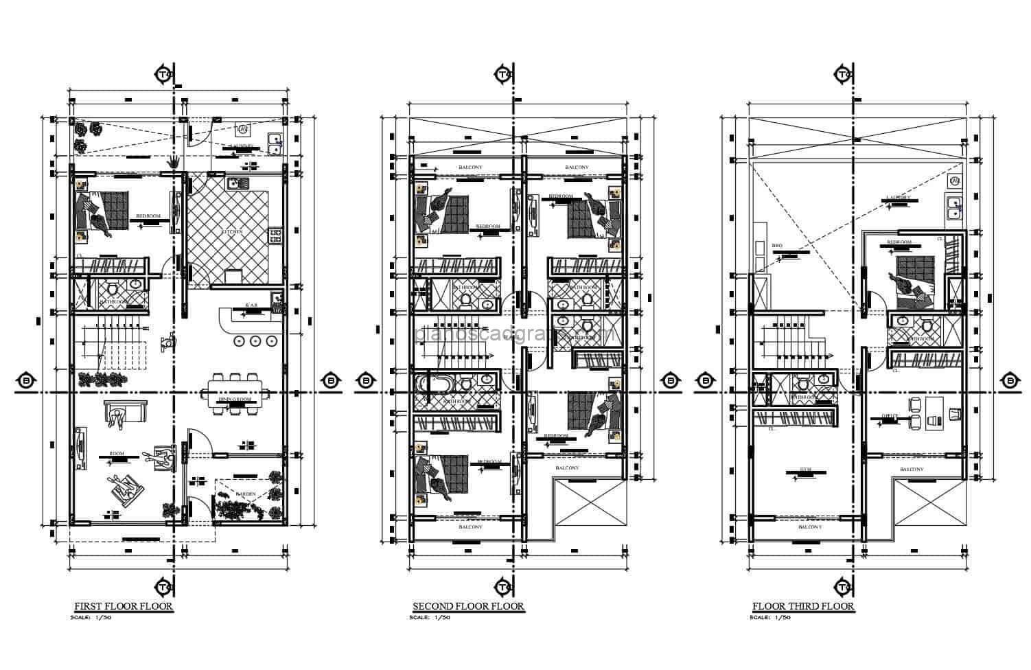 planos con dimensiones de casa de tres niveles con seis habitaciones amueblada con bloques de autocad, planos arquitectonicos con detalles constructivos, casa rectangular en dibujos 2d planos para descarga gratis