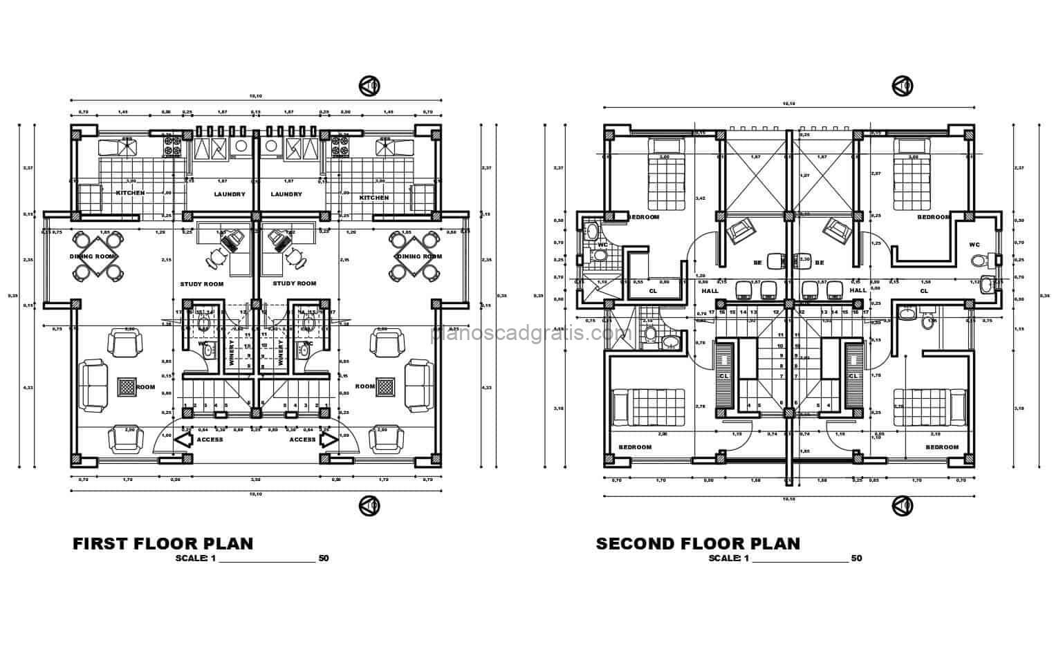 planos arquitectonicos con dimensiones de casa duplex de dos niveles con dimensiones y secciones, fachadas y detalles constructivos en formato dwg de autocad para descarga gratis