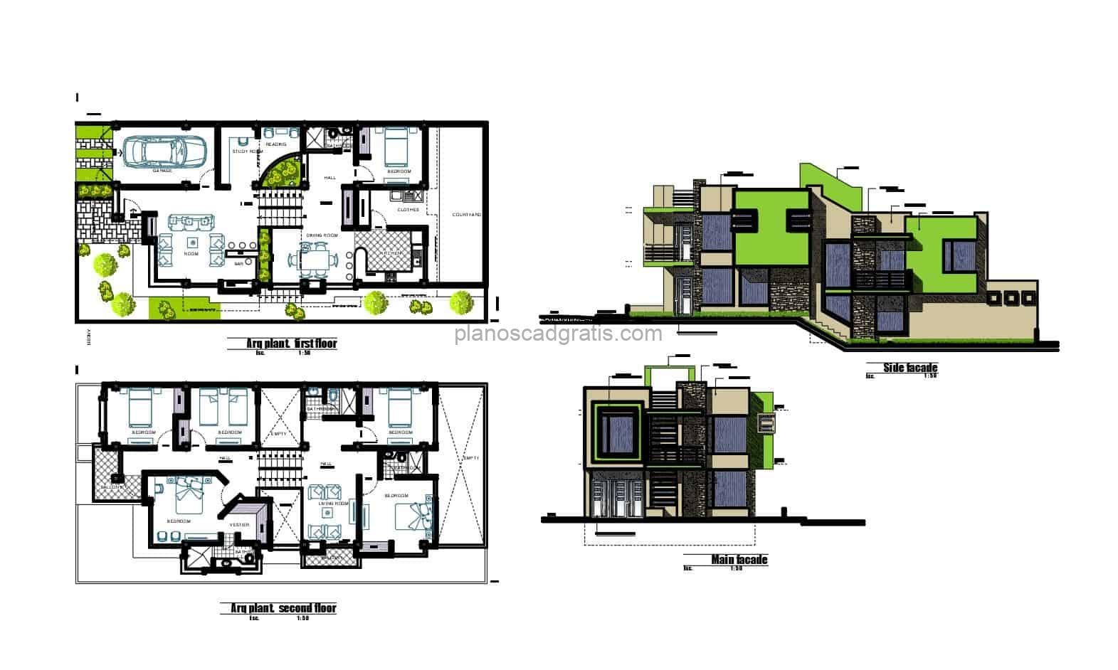 plano de casa moderna en formato dwg de autocad con planta arquitectonica y dimensionada, elevaciones y detalles constructivos, planos para descarga gratis en formato dwg de autocad