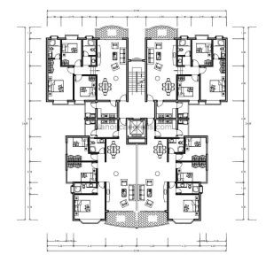 bloque de apartamento residencial de 3 y 2 habitaciones en planos dimensionados y arquitectonicos en formato dwg de Autocad para descarga gratis